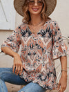 Women's V-Neck Printed T-Shirt Casual Bell Sleeve Top