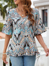 Women's V-Neck Printed T-Shirt Casual Bell Sleeve Top