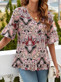 Women's V-Neck Printed T-Shirt Casual Bell Sleeve Top