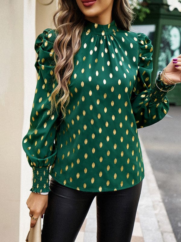 Gold Dot Print Temperament commuting round neck long-sleeved blouse