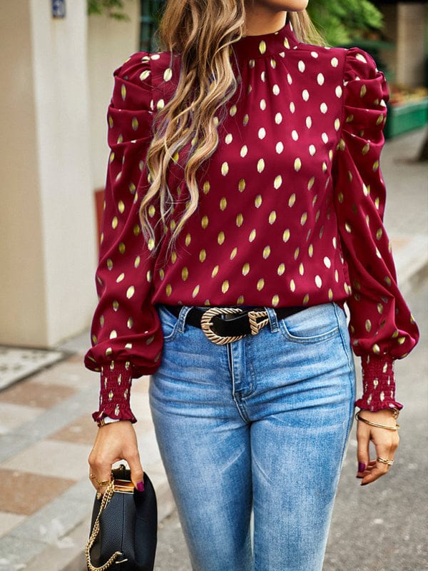 Gold Dot Print Temperament commuting round neck long-sleeved blouse