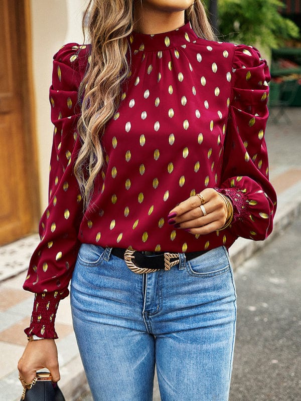 Gold Dot Print Temperament commuting round neck long-sleeved blouse