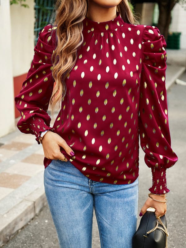 Gold Dot Print Temperament commuting round neck long-sleeved blouse