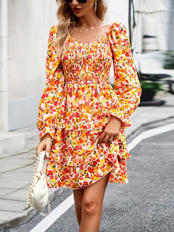 Holiday casual floral V-neck long-sleeved dress