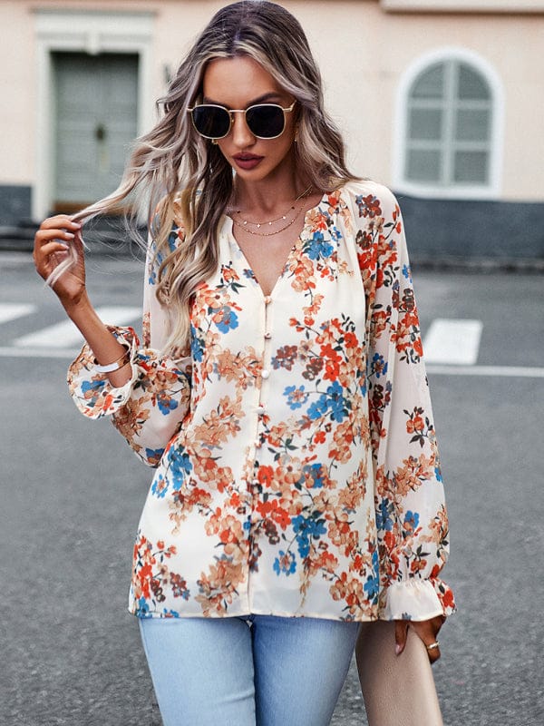 Elegant floral print shirt with V-neck buttons blouse