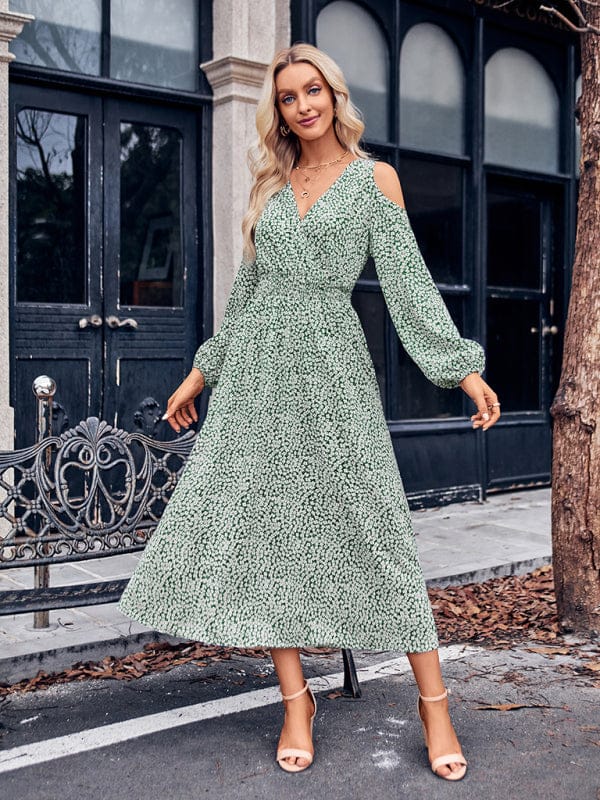 New women's new casual off-the-shoulder printed V-neck long-sleeved long-sleeved dress