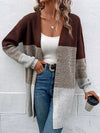 Fashion women's autumn and winter new long-sleeved color-blocking long sweater cardigan