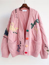 Cute Embroidered Loose Cropped Knit Cardigan with Patch Pockets