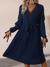 Hollow-out long-sleeve skirt pleated V-neck lace panel dress