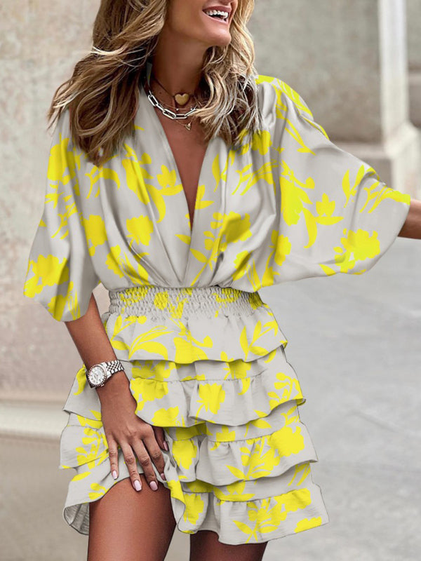 Dolman sleeve V-neck print irregular hem dress