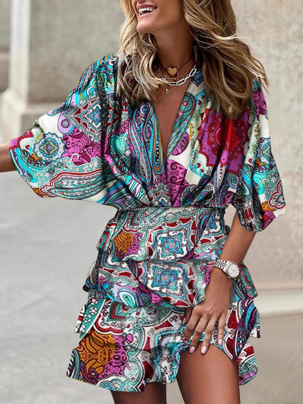 Dolman sleeve V-neck print irregular hem dress