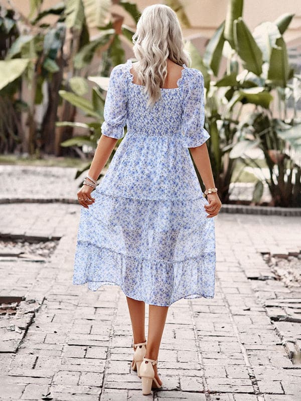 Puff Sleeve Narrow Waist Large Skirt Floral Print Dress