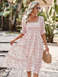 Puff Sleeve Narrow Waist Large Skirt Floral Print Dress