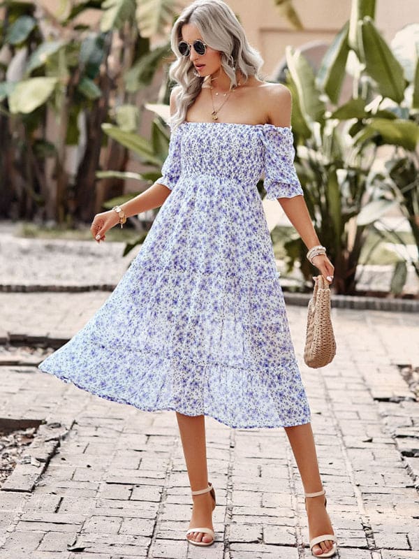 Puff Sleeve Narrow Waist Large Skirt Floral Print Dress