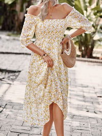 Puff Sleeve Narrow Waist Large Skirt Floral Print Dress