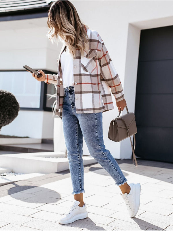 Women's autumn and winter long-sleeved loose wool plaid shirt coat