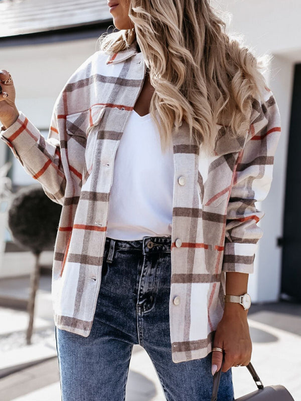 Women's autumn and winter long-sleeved loose wool plaid shirt coat