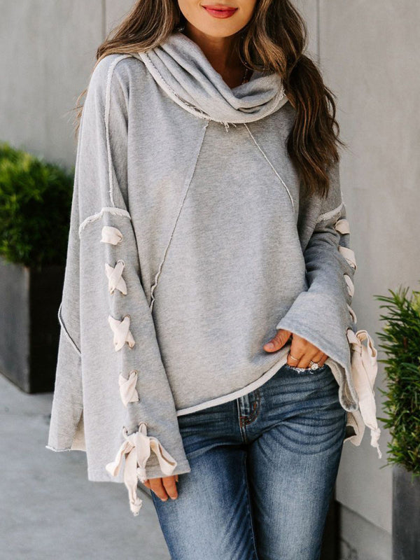 Women's autumn and winter cotton niche design bandage · Oversized hooded pile neck sweater