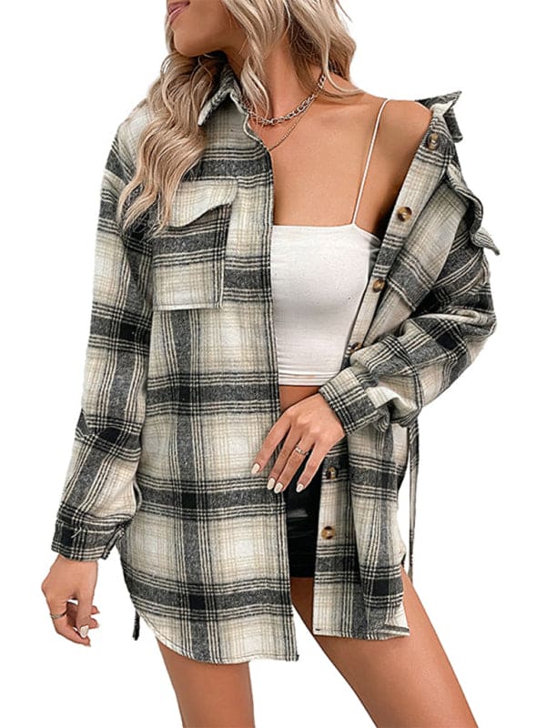 New Ladies Casual Long Plaid Shirt Jacket