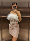 High Waist Sexy Sequin Dress One Shoulder Feather Dress Short Skirt