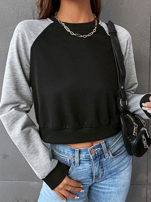 Women's Color Block Long Sleeve Cropped Sweatshirt