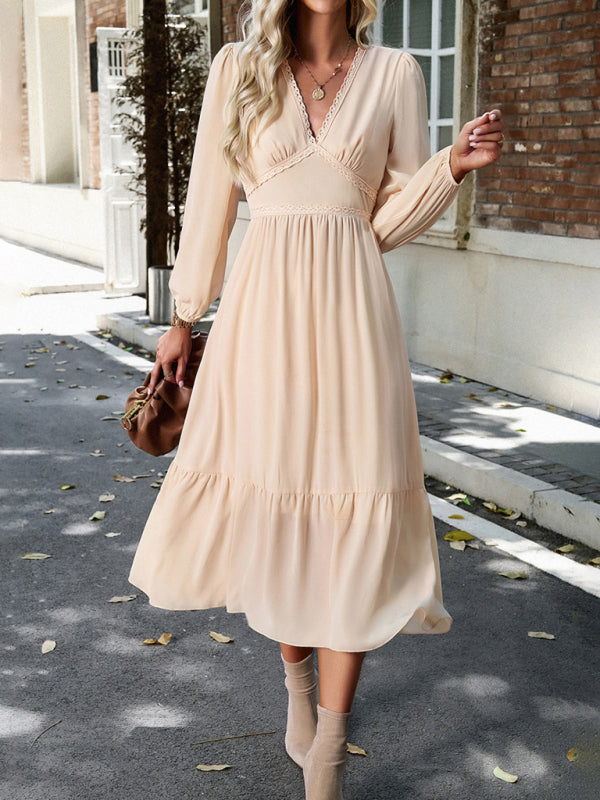 Elegant lace solid color V-neck dress