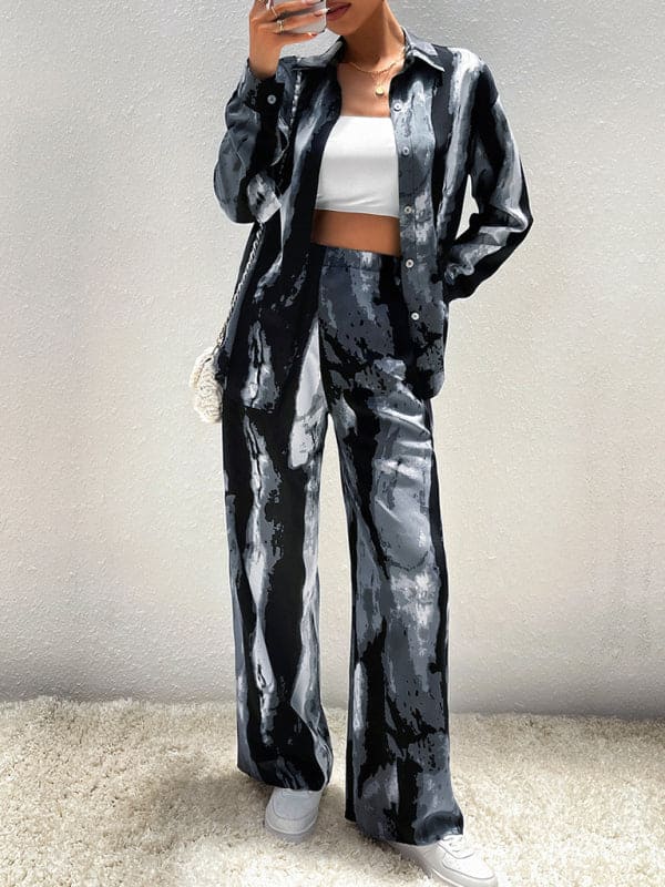 Casual printed suit long-sleeved tops and trousers two pieces set