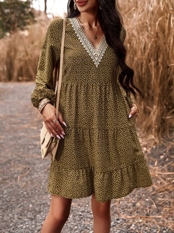 Floral Print Casual V-Neck Long-Sleeved Dress