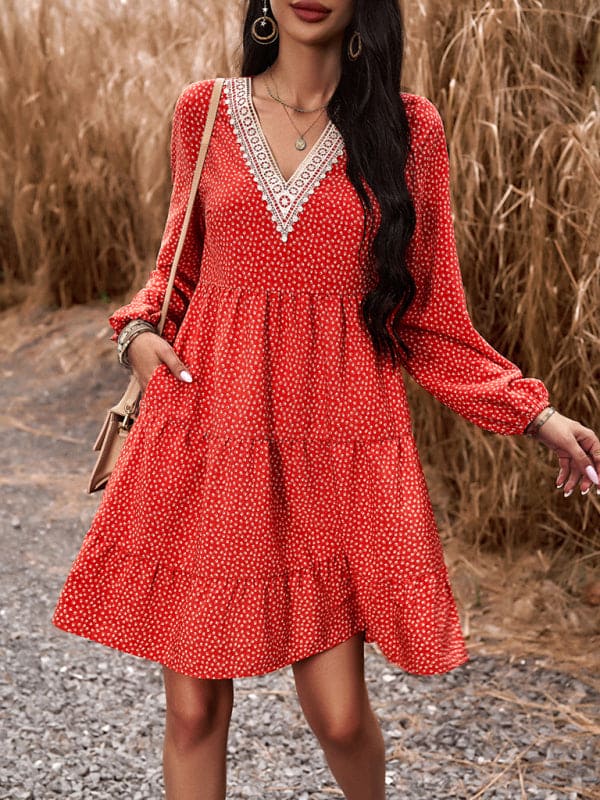 Floral Print Casual V-Neck Long-Sleeved Dress