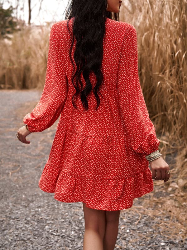 Floral Print Casual V-Neck Long-Sleeved Dress