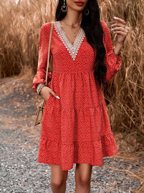 Floral Print Casual V-Neck Long-Sleeved Dress