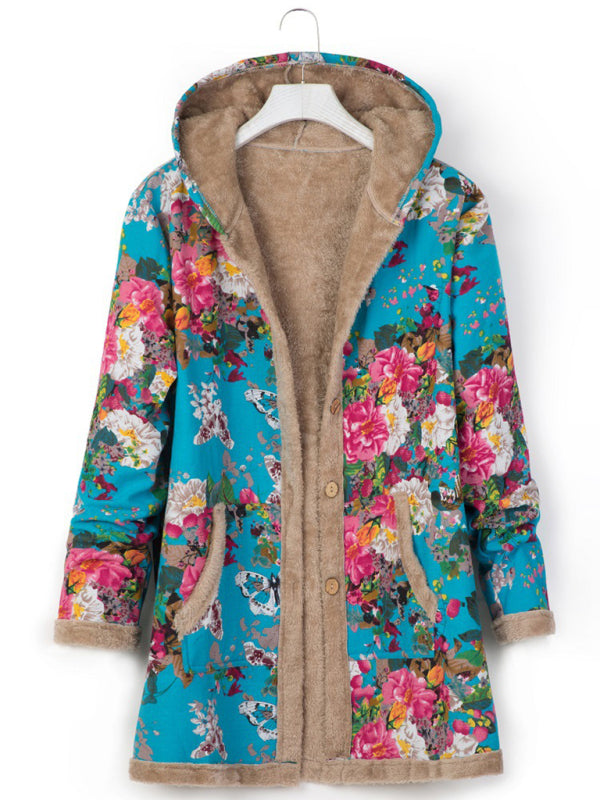 New women's cotton and linen printed hooded sweater warm plush jacket