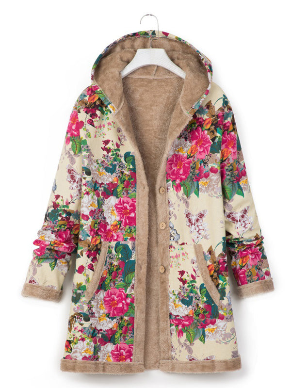 New women's cotton and linen printed hooded sweater warm plush jacket