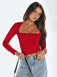 New women's long-sleeved solid color navel-baring square neck T-shirt top