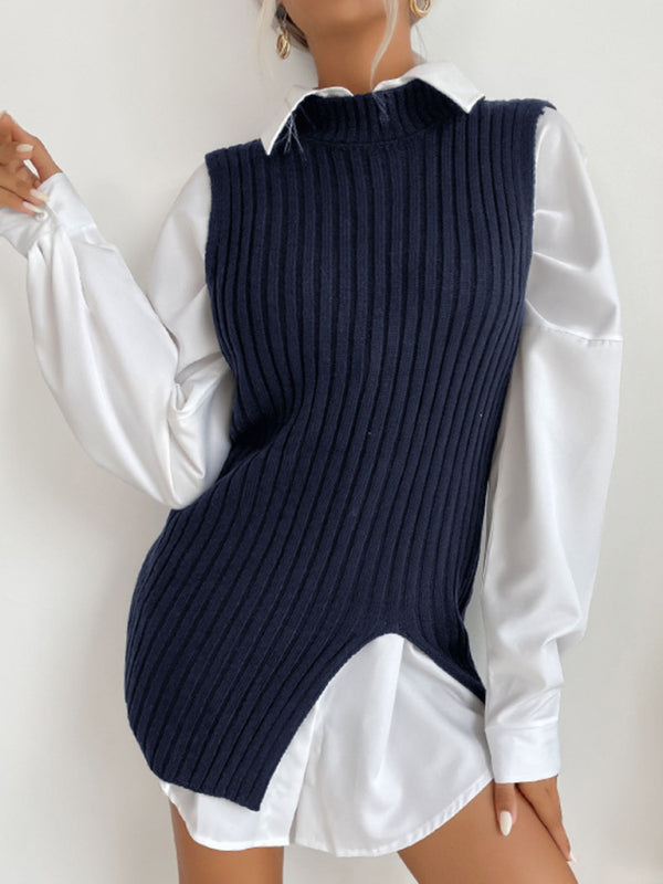 Women's Slit Solid Color Mid-Length Vest Sweater