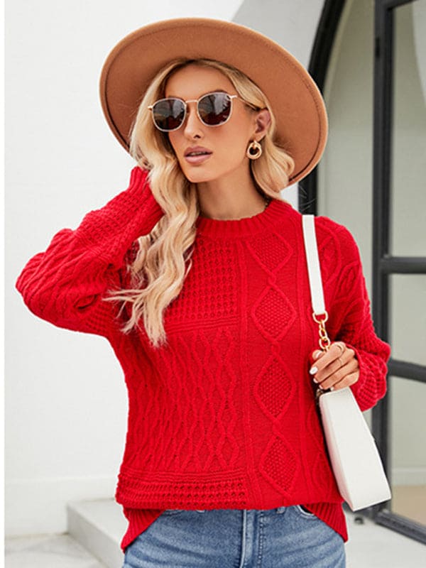 New twist casual solid color round neck sweater loose pullover sweater