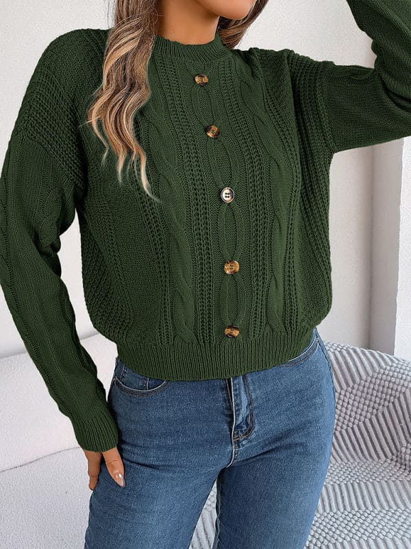 New casual solid color button twist long-sleeved pullover sweater