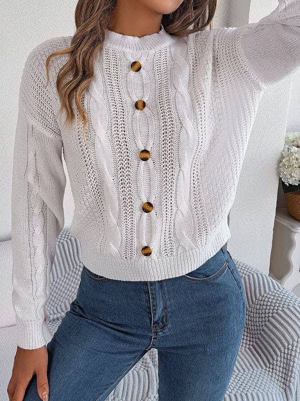 New casual solid color button twist long-sleeved pullover sweater