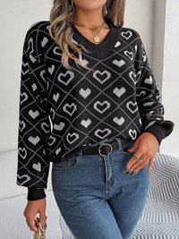 New sweet contrasting color heart lantern sleeve pullover sweater