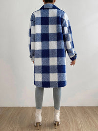 Autumn and winter open buckle lapel plush plaid coat loose temperament commuter long coat