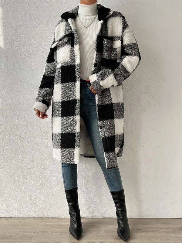 Autumn and winter open buckle lapel plush plaid coat loose temperament commuter long coat