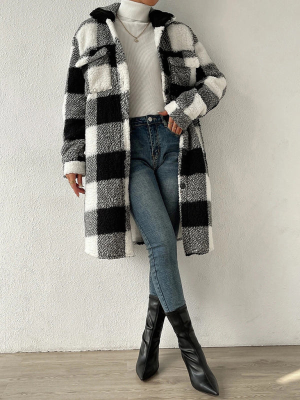 Autumn and winter open buckle lapel plush plaid coat loose temperament commuter long coat