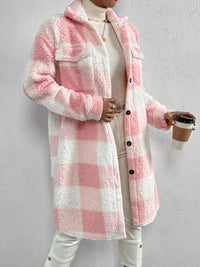 Autumn and winter open buckle lapel plush plaid coat loose temperament commuter long coat