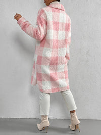 Autumn and winter open buckle lapel plush plaid coat loose temperament commuter long coat