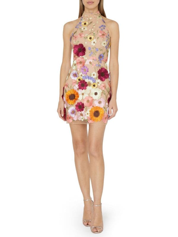 New women's embroidered three-dimensional flower halter neck slim dress small dress