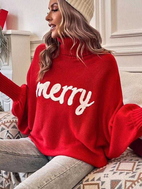 Women's turtleneck loose bat sleeves letter sweater