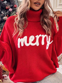 Women's turtleneck loose bat sleeves letter sweater