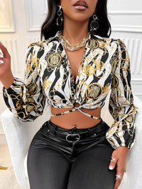 Women's printed slim trendy strappy long-sleeved shirt