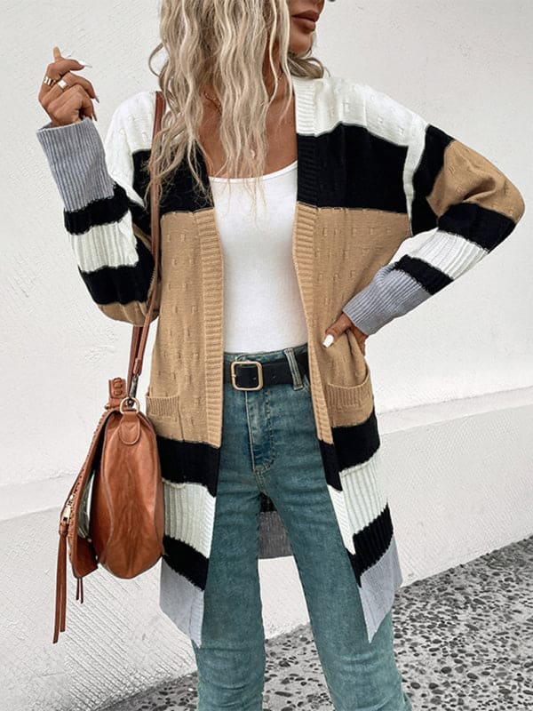 New long sleeve contrast color cardigan sweater