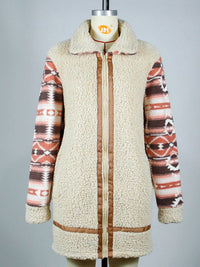 Color block printed lapel long zippered plush jacket